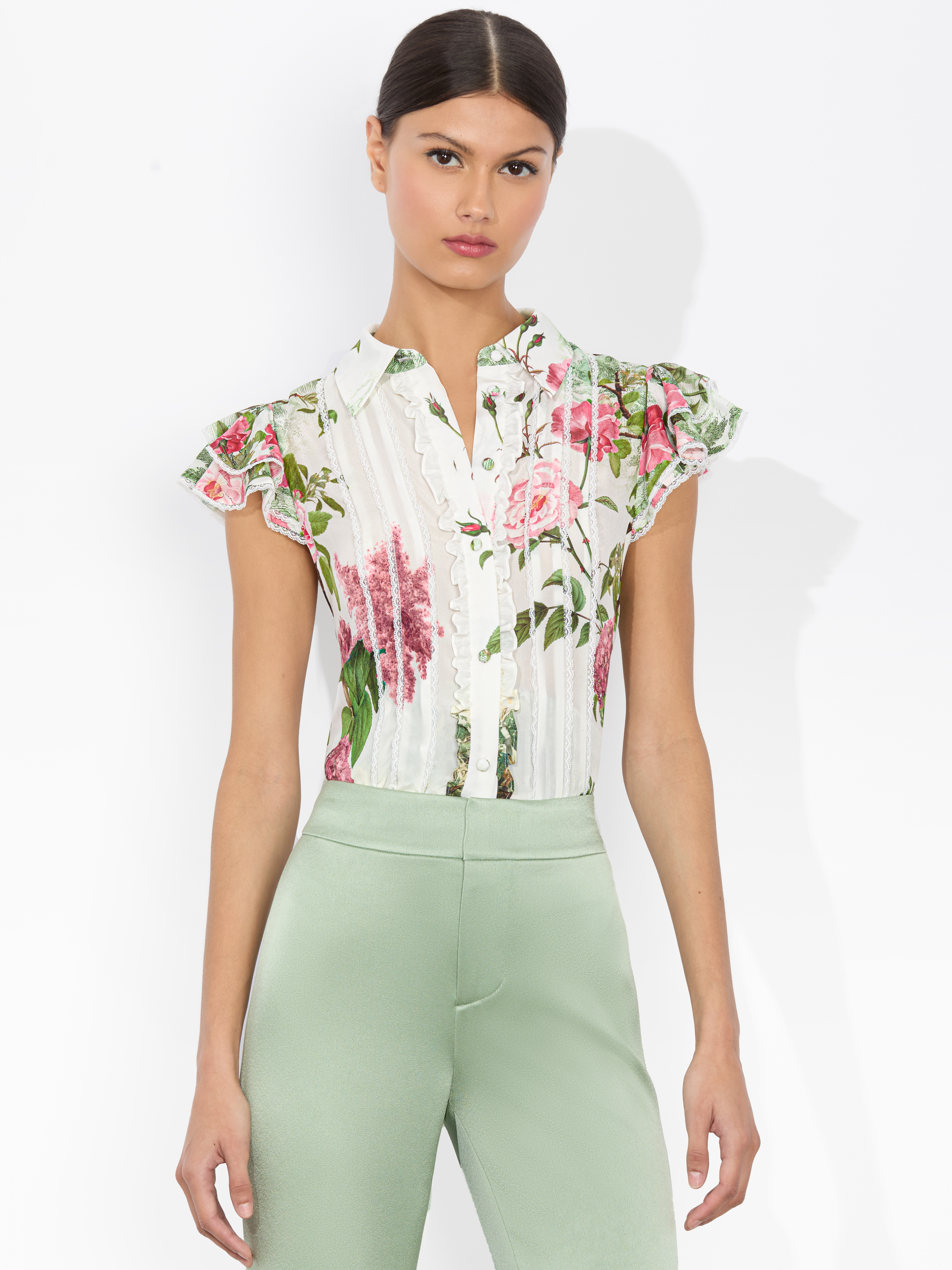 Alice And Olivia Minda Silk Ruffled Blouse In Rose Whisper